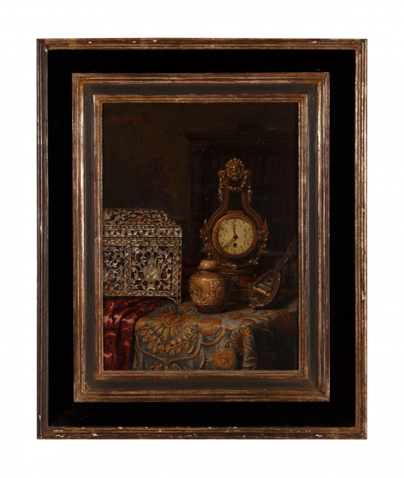 Max Schödl – Still Life with Clock, Satsuma Jar, and Mandolin