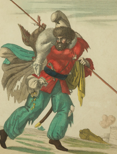 Image 1 of lot 19C French Handcolored Cossack Themed Engravings