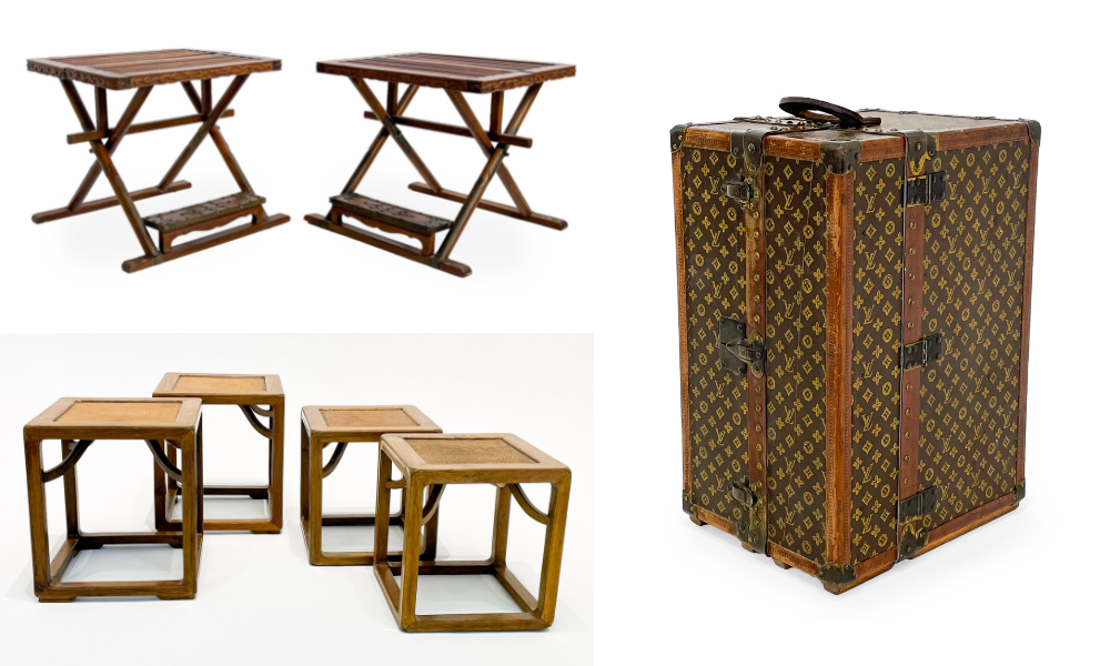 From top left: Pair of Chinese Elm Folding Step Stools, sold for $48,750; Two Pairs of Chinese Stools, sold for $23,750 sold for $20,625;  Louis Vuitton Monogram Canvas Trunk, sold for 