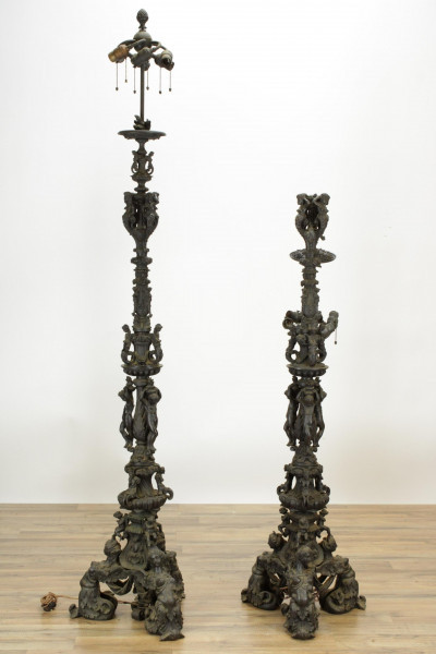 Image for Lot Renaissance Revival Bronze Torchere Lamps c1880