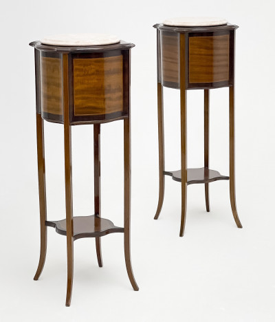 Image for Lot Edwardian Inlaid Mahogany Jardinieres on Stands, Pair