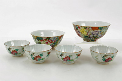 Image for Lot Pair Chinese Millefleur Porcelain Bowls & Teacups