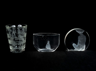 Scandinavian Glass Makers - Orrefors Glass vase with 2 other Engraved Pieces