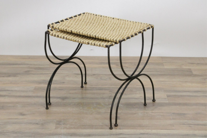 Image 3 of lot 2 Mid Century Metal & Woven Rope Nesting Tables