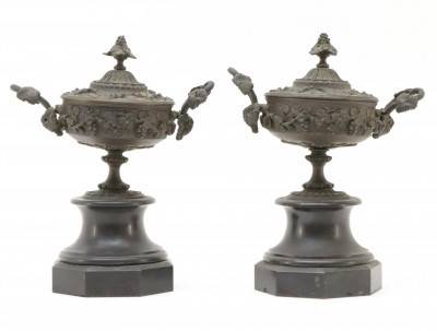 Image for Lot Pair Victorian Bronze  Belgian Marble Urns 19th
