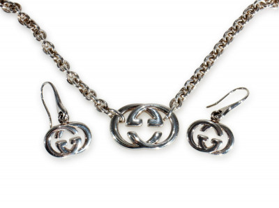 Image for Lot Gucci Sterling Silver GG Necklace & Earring Suite