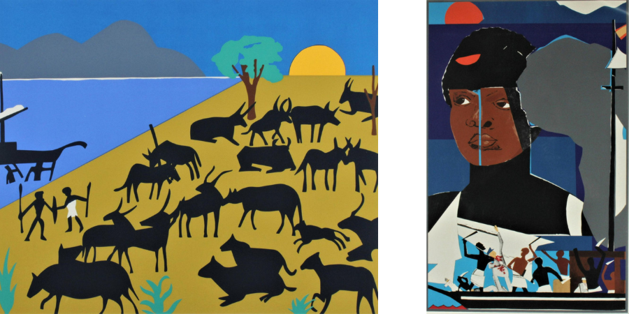 From left: Lot 54, Romare Bearden, Cattle of the Sun God (1979), $2,990; Lot 8, Romare Bearden, Slave Ship (1972), $5,980