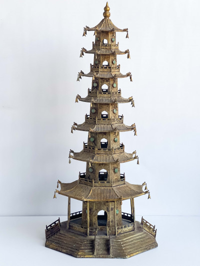 Image for Lot Chinese Hardstone Inlaid and Gilt Metal Model of a Pagoda