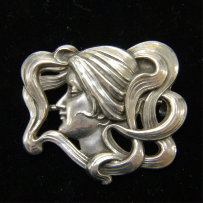 Image for Lot Art Nouveau Sterling Brooch of Woman&apos;s Head