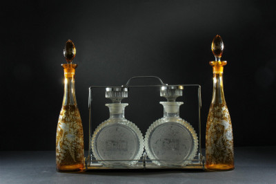 Image for Lot Bohemian Amber Glass Decanters & Tantalus