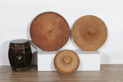 Image for Lot 3 Asian Woven Grass Hats & Barrel Stool