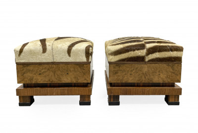 Image for Lot Pair of Art Deco Mixed Veneer Stools with Hide