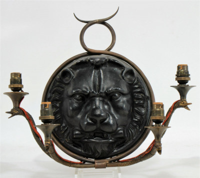 Image for Lot Cast Iron & Brass Lion&apos;s Mask Wall Sconce
