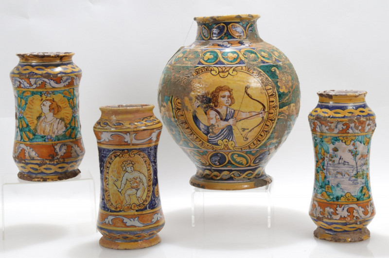 Image 1 of lot 4 Majolica Pottery Jars; Sicilian Albarelli 17th