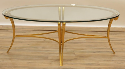 Image for Lot Gilded Metal and Glass Oval Cocktail Table
