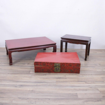 Image for Lot 2 Chinese Scarlet Lacquer Tables & Trunk
