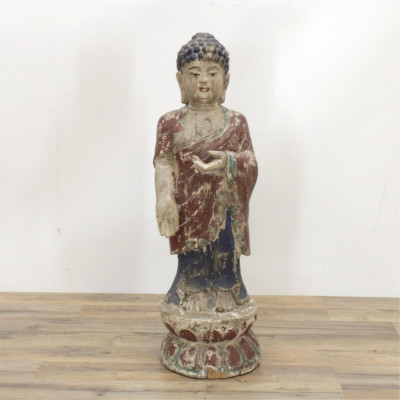 Large Chinese Painted Wood Standing Buddha