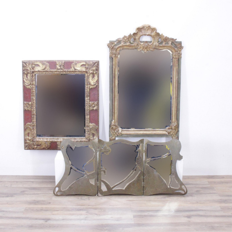 Image 1 of lot 2 Rococo Style Mirror & Brass Triptych