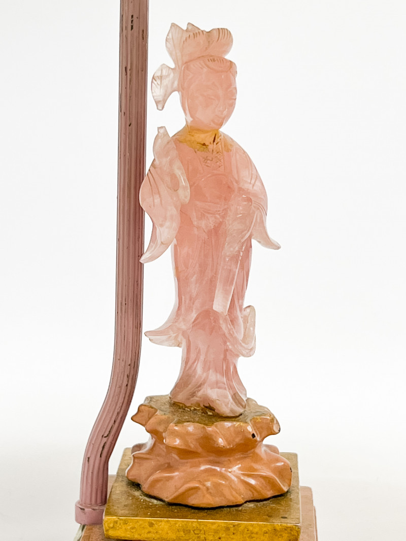 Pair of Chinese Rose Quartz Figures, mounted as lamps