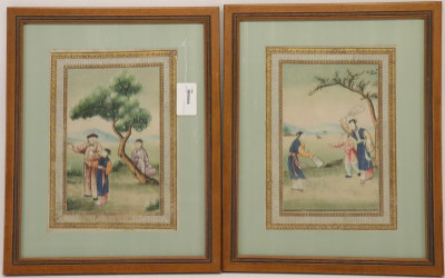 Image for Lot Pair Chinese Watercolor, 3 Figures &amp; 1 Butterflies