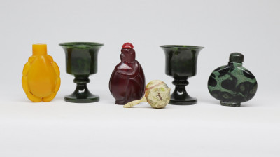 Pair of Green Jade Cups and Three Stone Snuffs