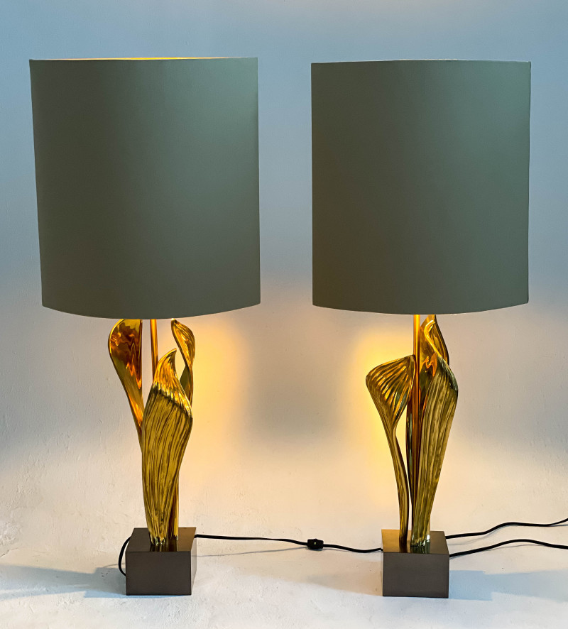 Pair of Maison Charles Gilt Metal Amaryllis Lamps