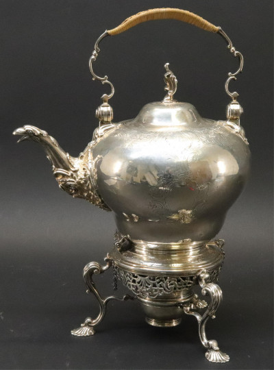 George II Silver Tea Kettle  Stand  1754 Swift