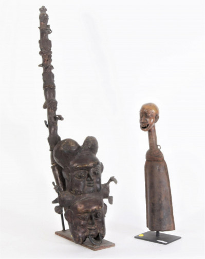Image for Lot Benin & Bamum Style Bronze Figural Gong & Pipe