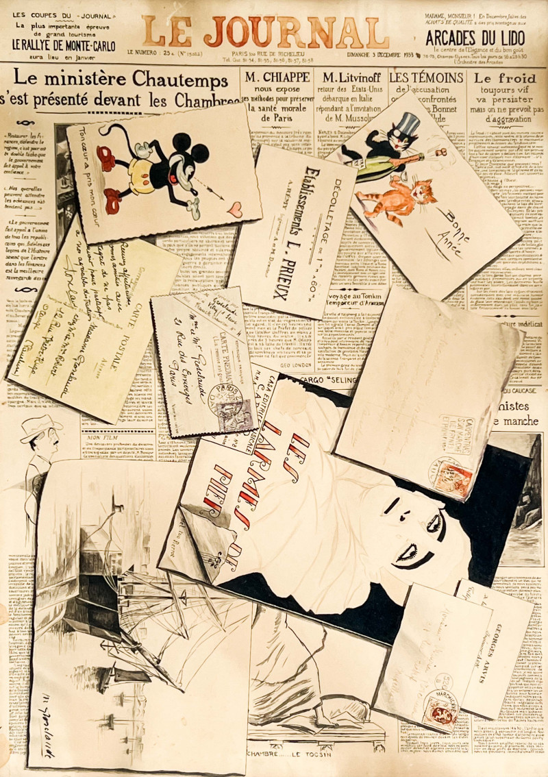 Artist Unknown - Trompe L'Oeil of Postcards and Newspaper