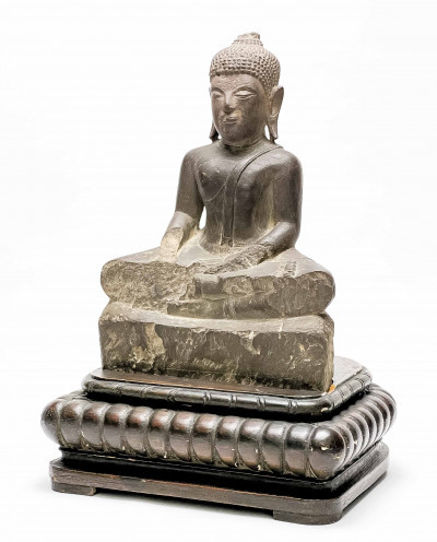 Image for Lot Early Thai Stone Carved Seated Buddha