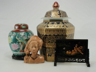 Two Chinese Porcelain Jars, Table Screen & Bust