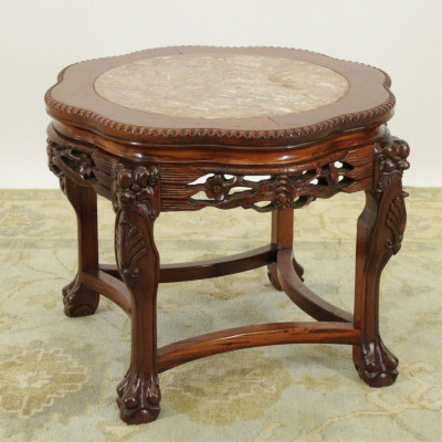 Title Chinese Carved Hardwood /Marble Top Table / Artist
