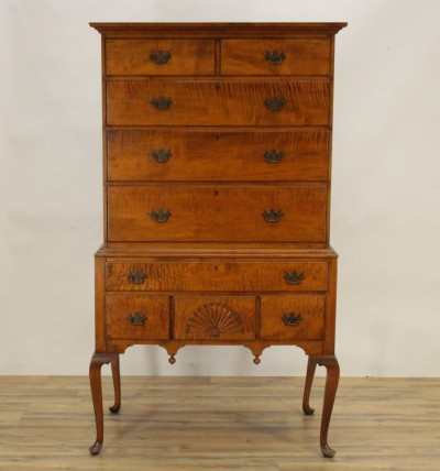 Image for Lot Queen Anne Tiger Maple Highboy, c.1780