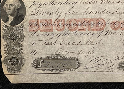 Image for Lot US TREASURY Samuel CASEY Signed 1856 transfer of $2500