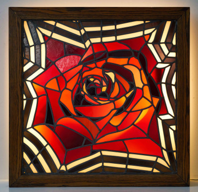 Lowell Nesbitt - Electric Red Rose Stained Glass Window