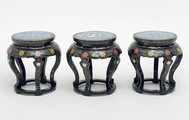 Image 1 of lot 3 Polychrome Cloisonné And Black Lacquered Side Tables