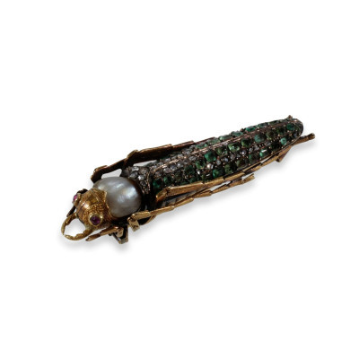 Image for Lot Antique Diamond and Emerald Grasshopper Brooch