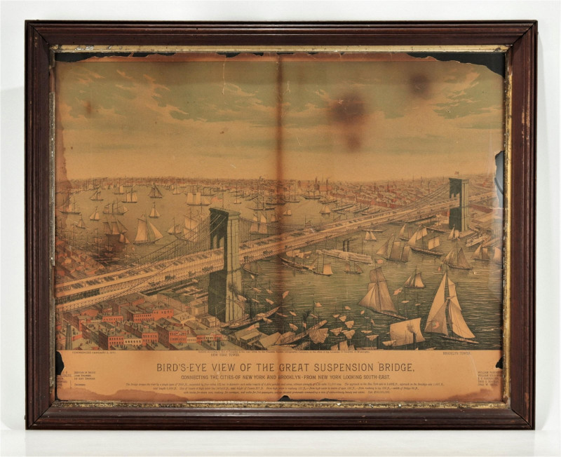 Image 2 of lot 19th C. Birds Eye View of Great East River Bridge