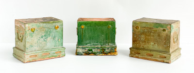 Image for Lot Three Chinese Green and Amber Glazed Pottery Models of Chests