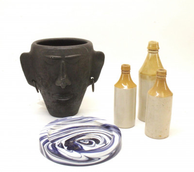 Image for Lot Misc items; Mask Vase Pottery Jugs  Glass Tray