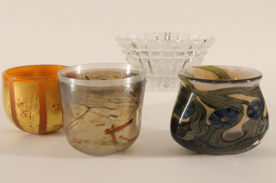 Image for Lot Three Studio Art Glass Bowls; Cut Glass Bowl