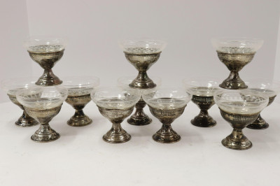 Image 1 of lot 12 Etched Glass & Sterling Sherbets