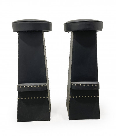 Image for Lot Studded Leather Stools and Hanging Bar