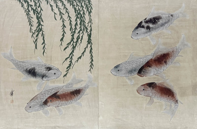 Image for Lot Japanese Two Panel Screen, Koi Fish