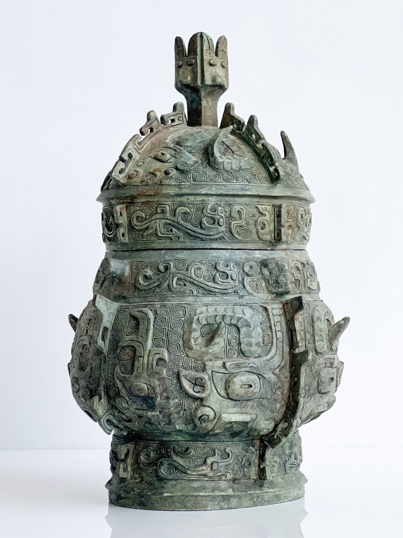 Chinese Archaic Style Bronze 'You' Form Vessel and Cover