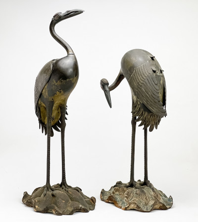 Image for Lot Pair of Japanese Silver and Gold Inlaid Bronze Cranes