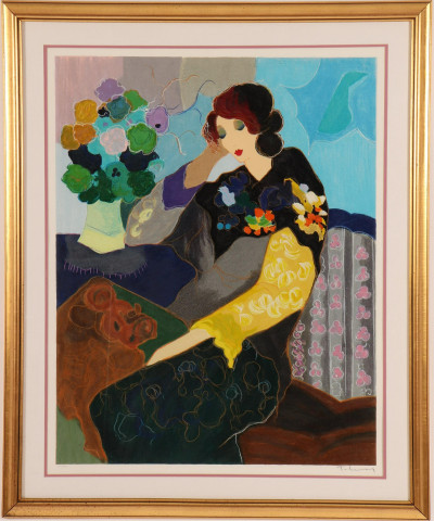 Image for Lot Itzchak Tarkay, Woman In Florals Large Color Print