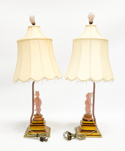 Pair of Chinese Rose Quartz Figures, mounted as lamps