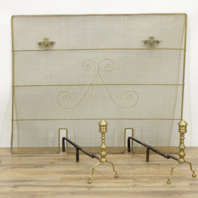 Image for Lot Federal Brass Andirons; Brass Fireplace Screen