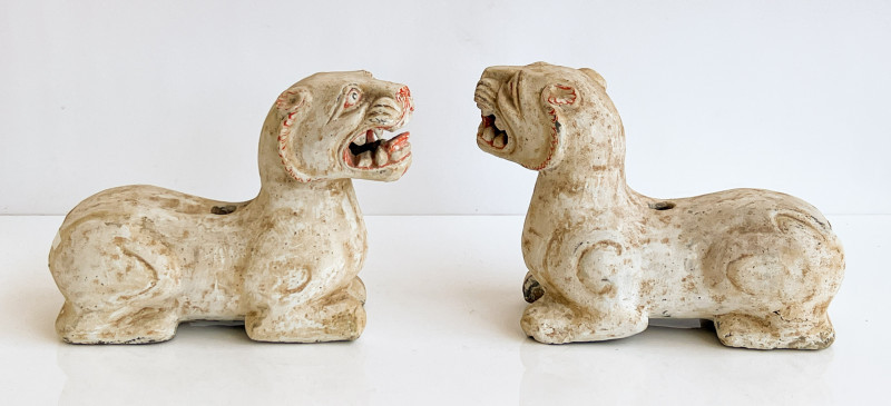 Pair of Chinese Painted Pottery Figures of Lions